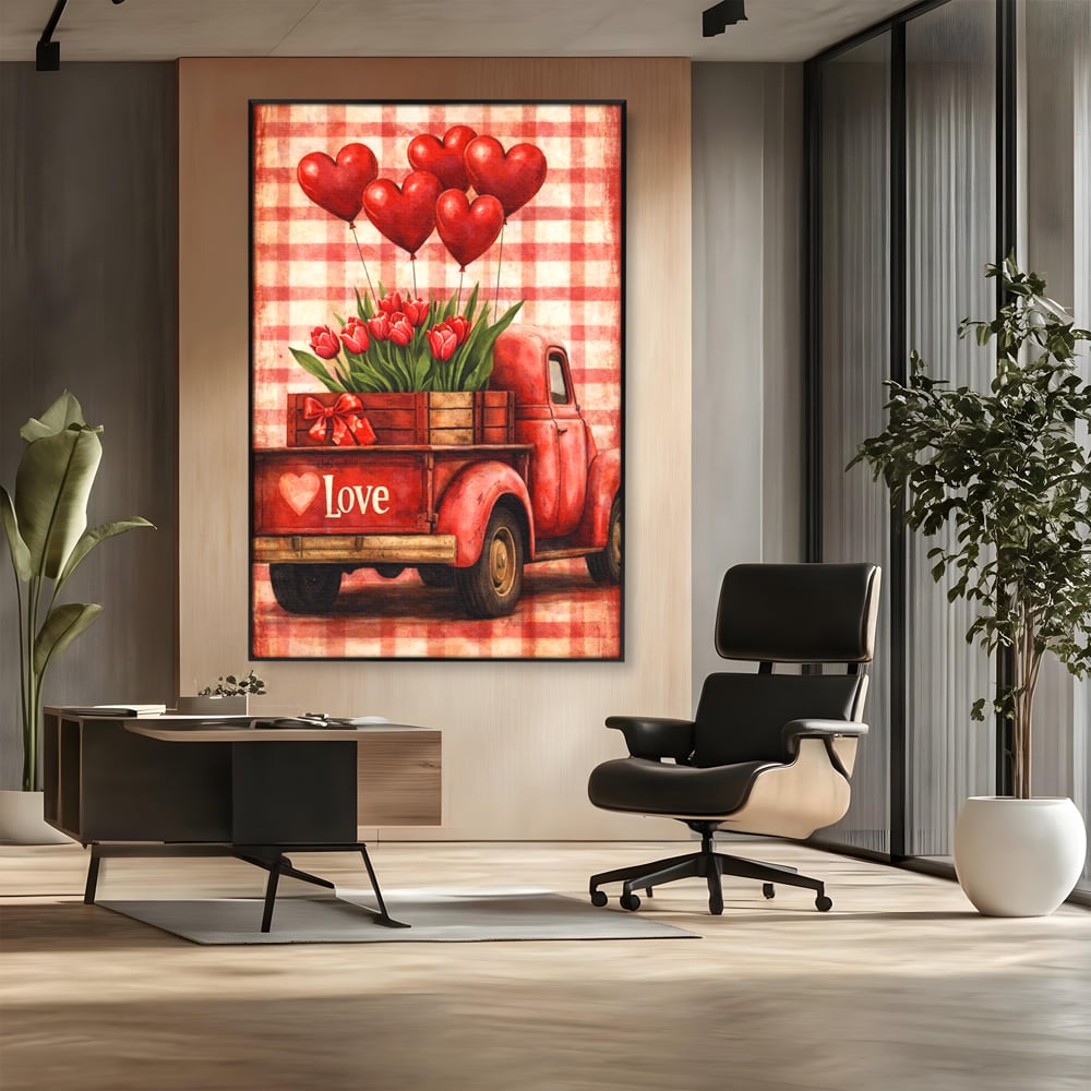 Tablou canvas cu tablou canvas cu un camion rosu vintage, in rama de aluminiu negru, pe perete intr-un birou
